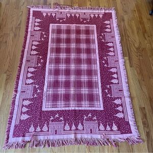 vintage Christmas woven tapestry throw blanket Red pink  44” X 64” decor